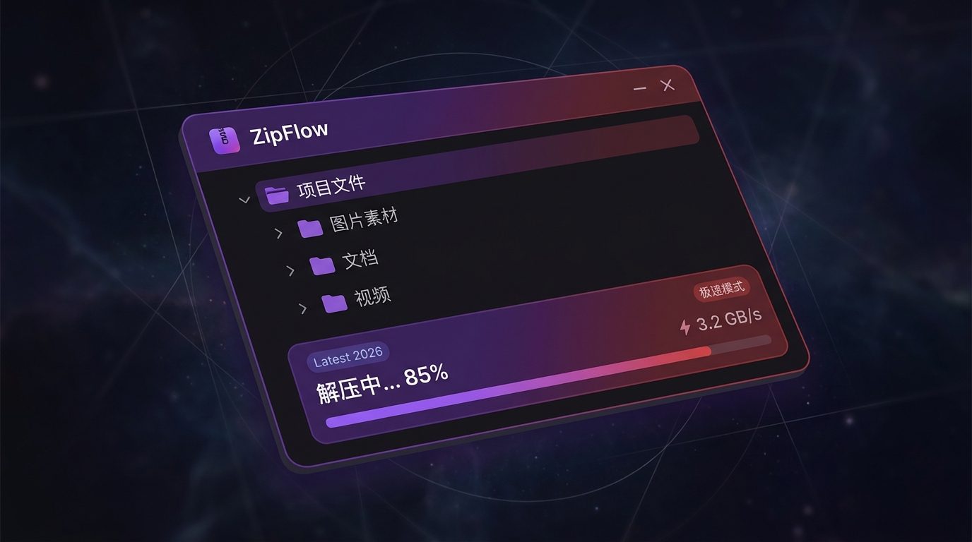 ZipFlow解压工具工作台界面展示，支持Windows 11系统
